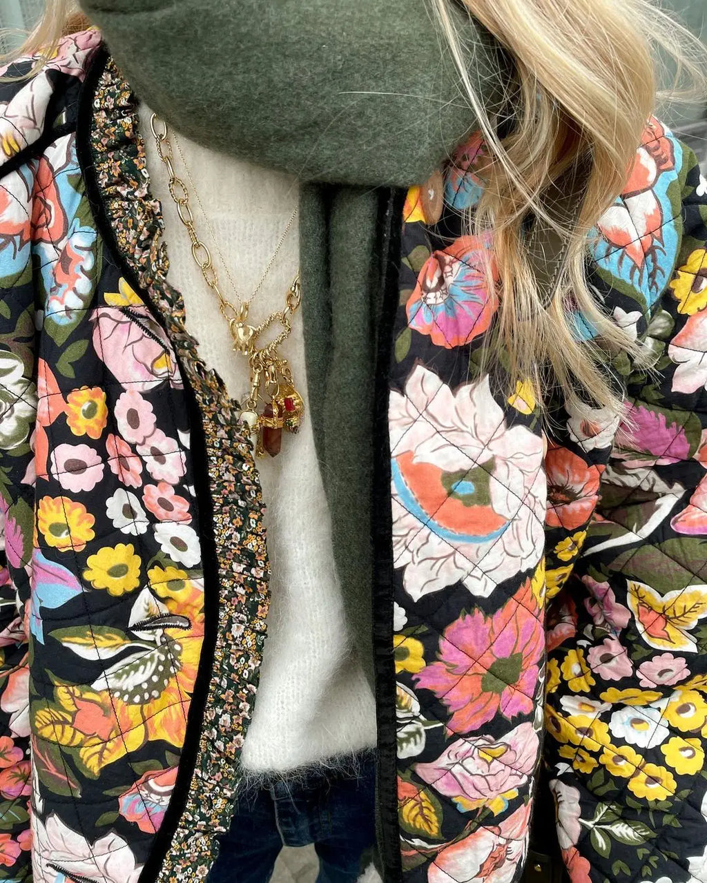 Floral Quilted Kimono Faux Shearling Jacket
