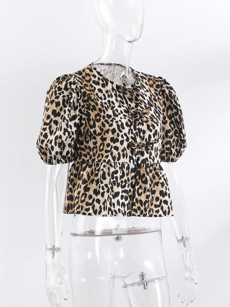 Leopard Print Puff Sleeve Peplum Bow Ties Blouse Short Top