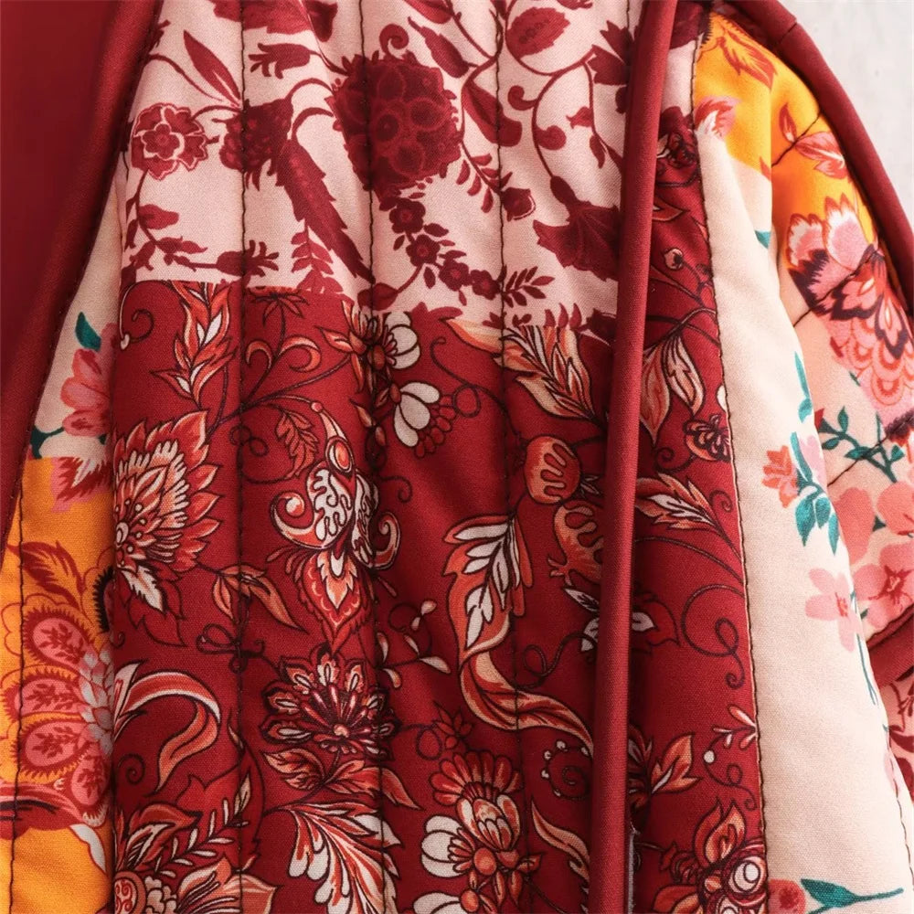 Quilted Warm Florals Patchwork Print Boho Jacket