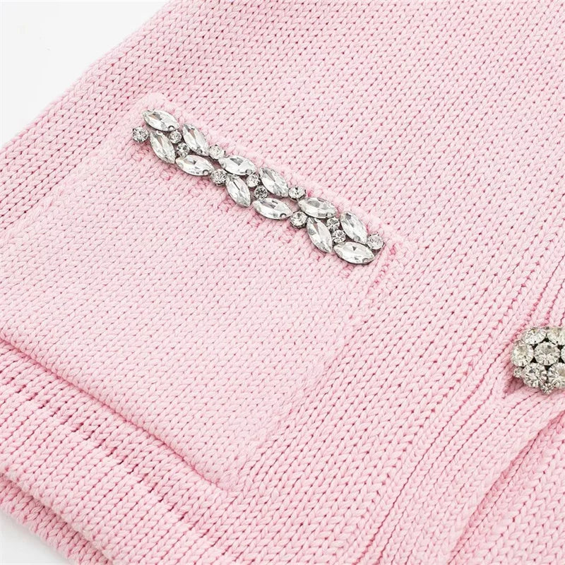 Pink Knit Cardigan Top with Rhinestone