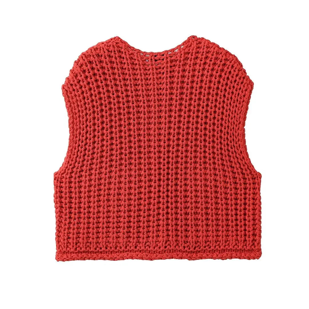 Red Knit Gilet with Gold Buttons