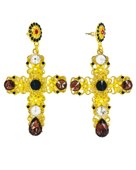 Inmaculada Baroque Ruby Gems Cross Earrings