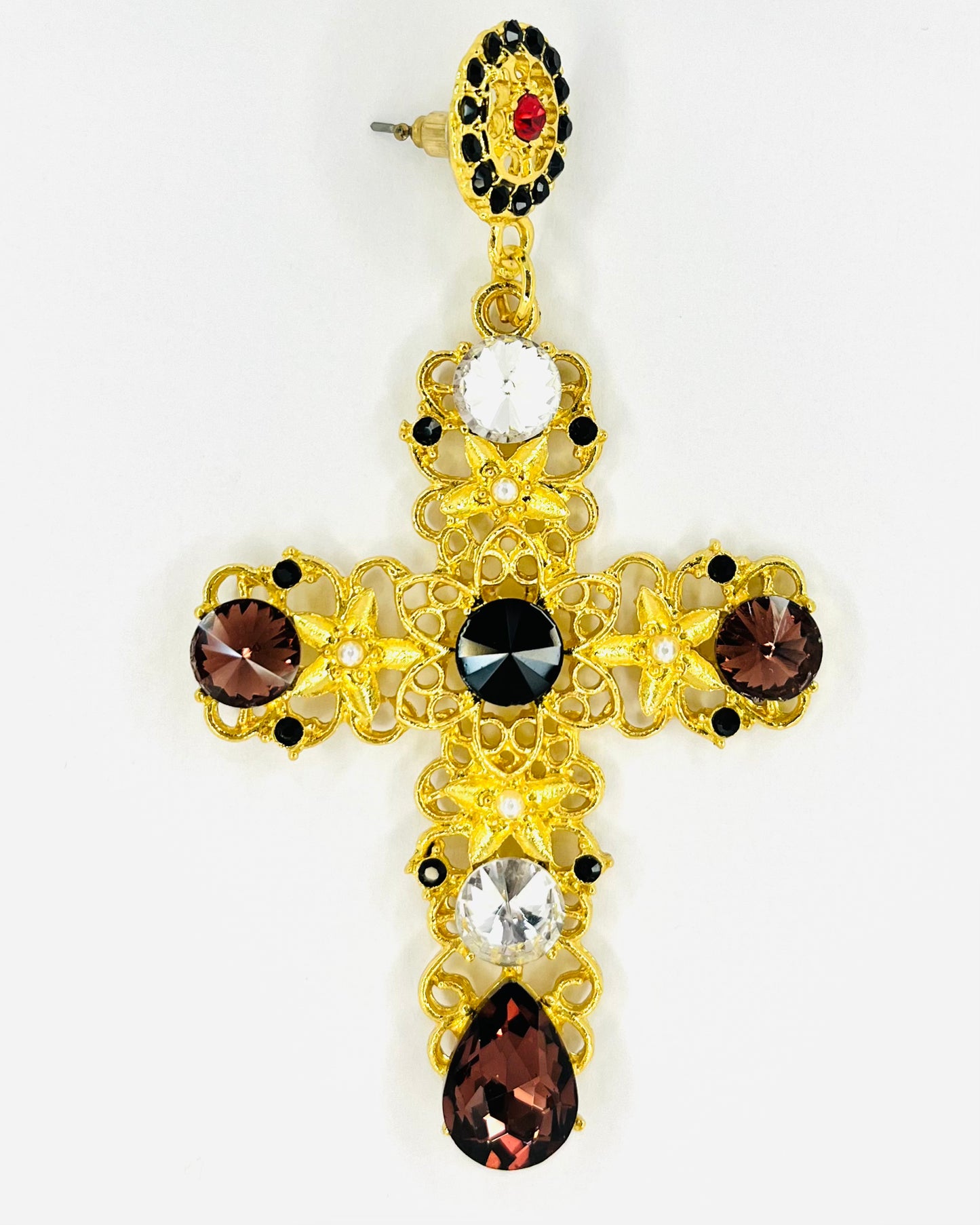 Inmaculada Baroque Ruby Gems Cross Earrings