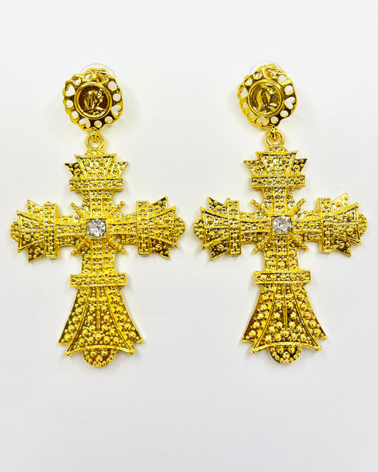 La Virgen Baroque Cross Earrings With Diamond